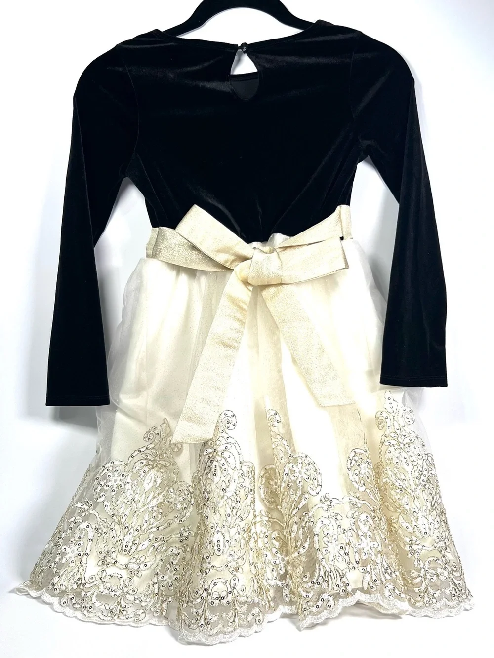 Rare Editions Black Velvet and Cream Tulle Dress Gold Bow and Embroidered Skirt